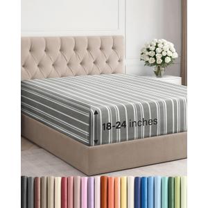 Extra Deep Queen Fitted Sheet - Hotel Luxury Single Fitted Sheet Only - Easily Fits 18 inch to 24 inch Mattress - Ultra Soft, Wrinkle Free with Extra Deep Pockets - Breathable & Comfy - Grey Stripes