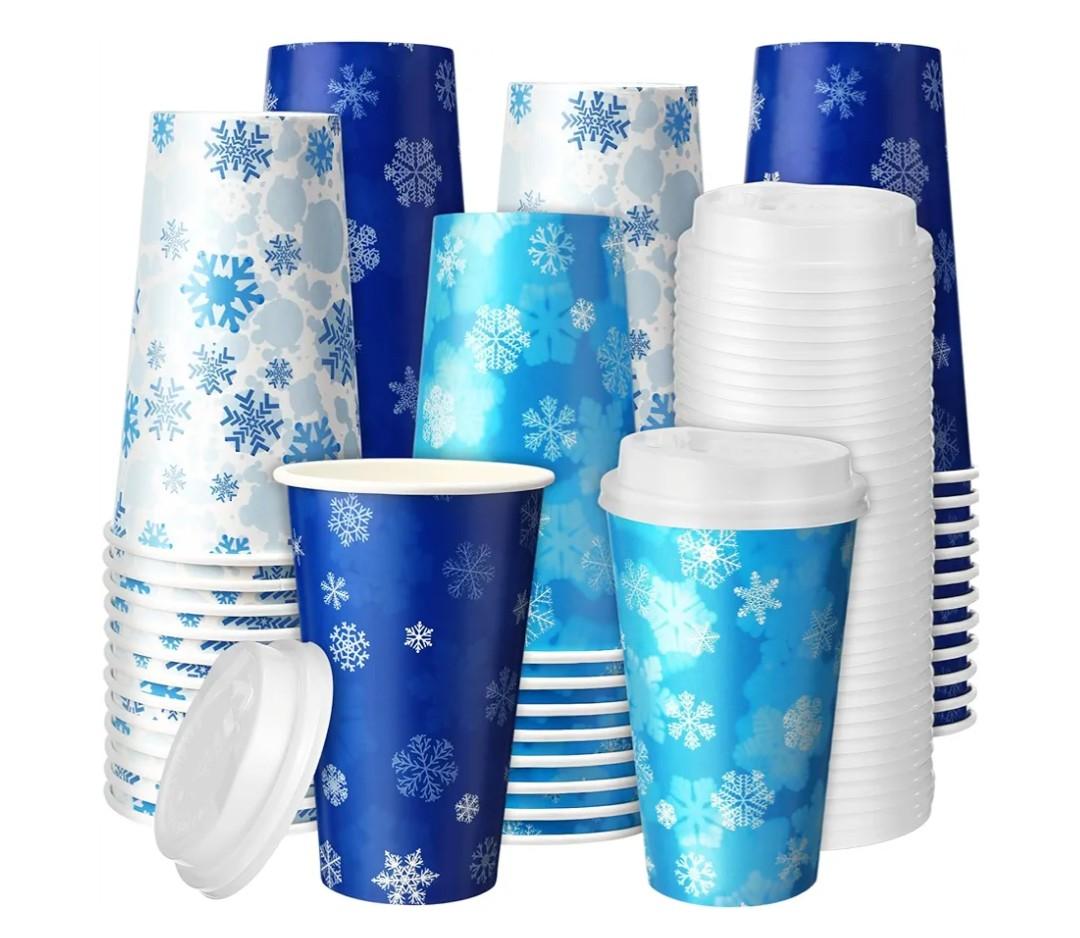 Jingmore 60 Pcs Disposable Snowflake Coffee Cups with Lids Winter Coffee Cups Bulk Insulated Drinking Tea Paper Drinkware for Winter Holiday Travel Home Party Supplies (16 oz)