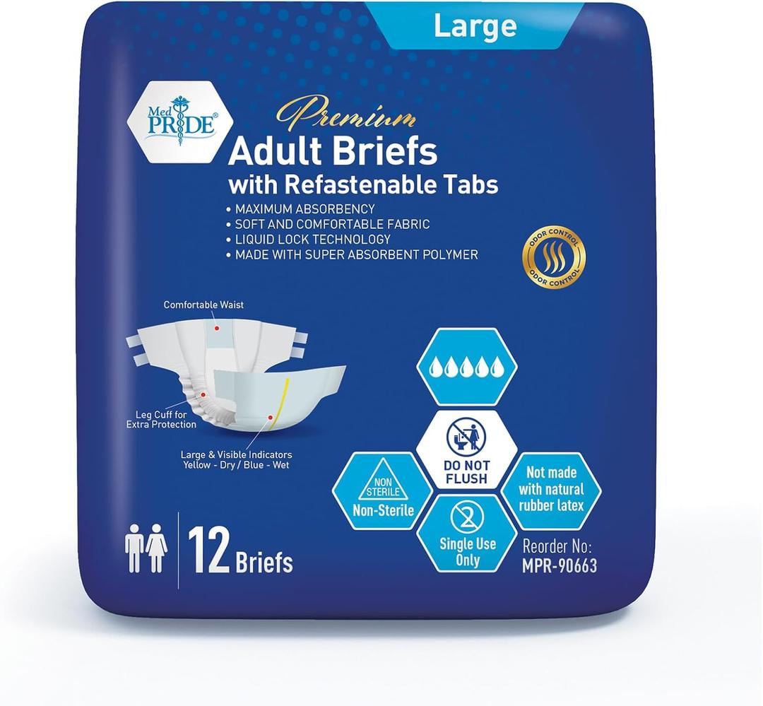 MED PRIDE Maximum Absorbency Adult Briefs for Incontinence with Refastenable Tabs - Ultra-Absorbent Adult Diapers for Men & Women- Bladder Control Unisex Disposable Underwear (Large - Bag of 12)