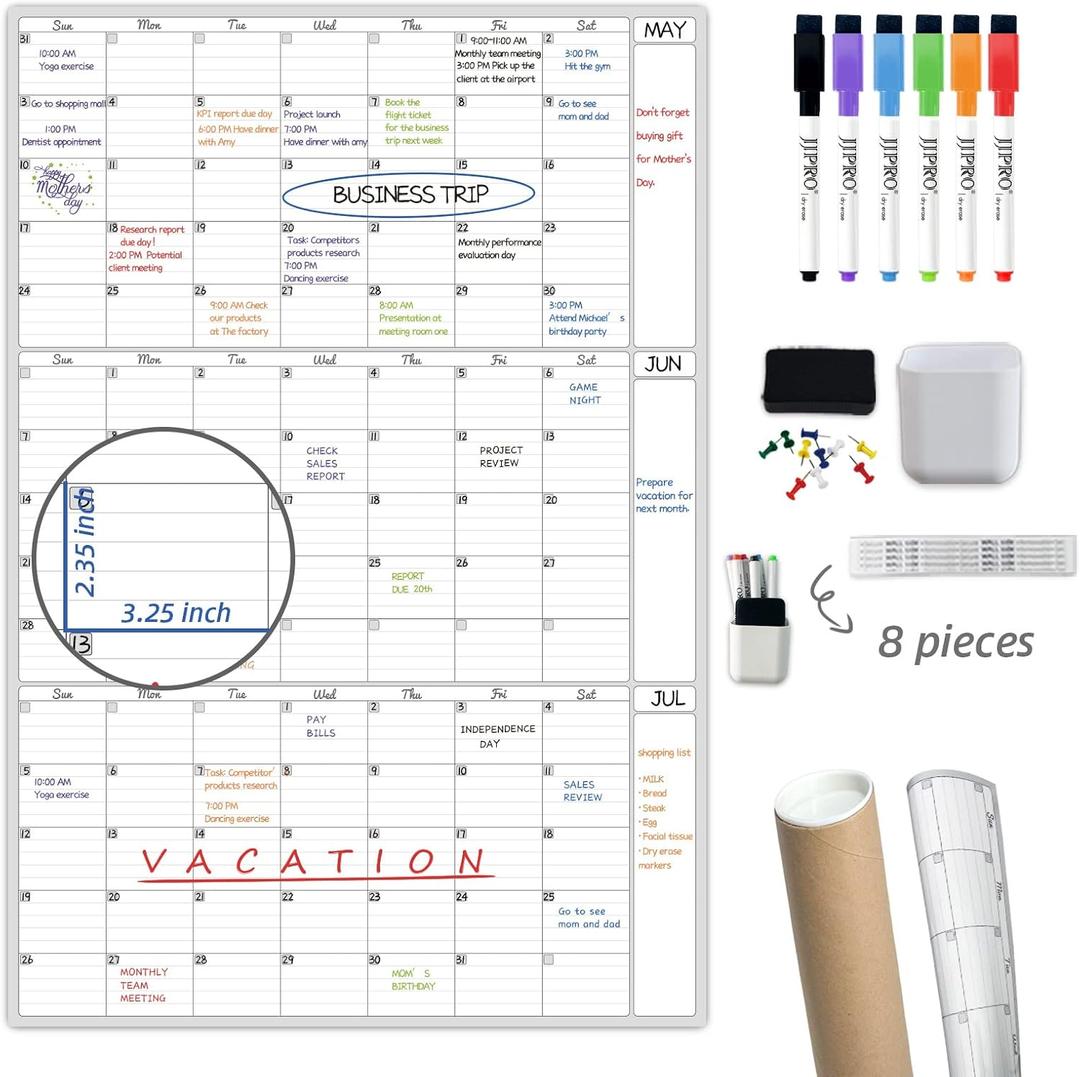 Dry Erase Wall Calendar 3 Month Calendar - Blank Undated Reusable Quarterly Calendar - Whiteboard Premium Laminated Poster - Laminated Office Jumbo 38x26 Inches Wall Calendar (Vertical)
