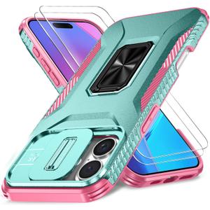 Case for iPhone 16 Plus with Slide Camera Cover+Screen Protector(2 Packs), Military Grade Shockproof Protective Cover, Rotated Ring Kickstand(A - Celadon+Pink)