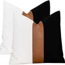 Set of 2 Black and White Modern Throw Pillow Cover Thick Faux Leather and Cotton Farmhouse Accent Cushion Cover for Couch Sofa Decorative Square Pillowcase 18x18 Inch, Black