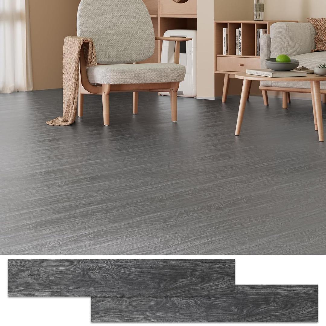 Peel and Stick Floor Tile, 36 Pcs 54 Sq.Ft Waterproof Wood Grain Luxury Vinyl Plank Flooring, Easy DIY Self Adhesive Vinyl Floor for Kitchen, Living Room, Bedroom, RV, Deep Grey