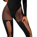 EHSUYAB Womens Sexy Full Fishnet Bodysuit, One Piece Mesh Lace Jumpsuit Body Stockings, Rave Club Poster Exotic Dancer Outfit Black One Size