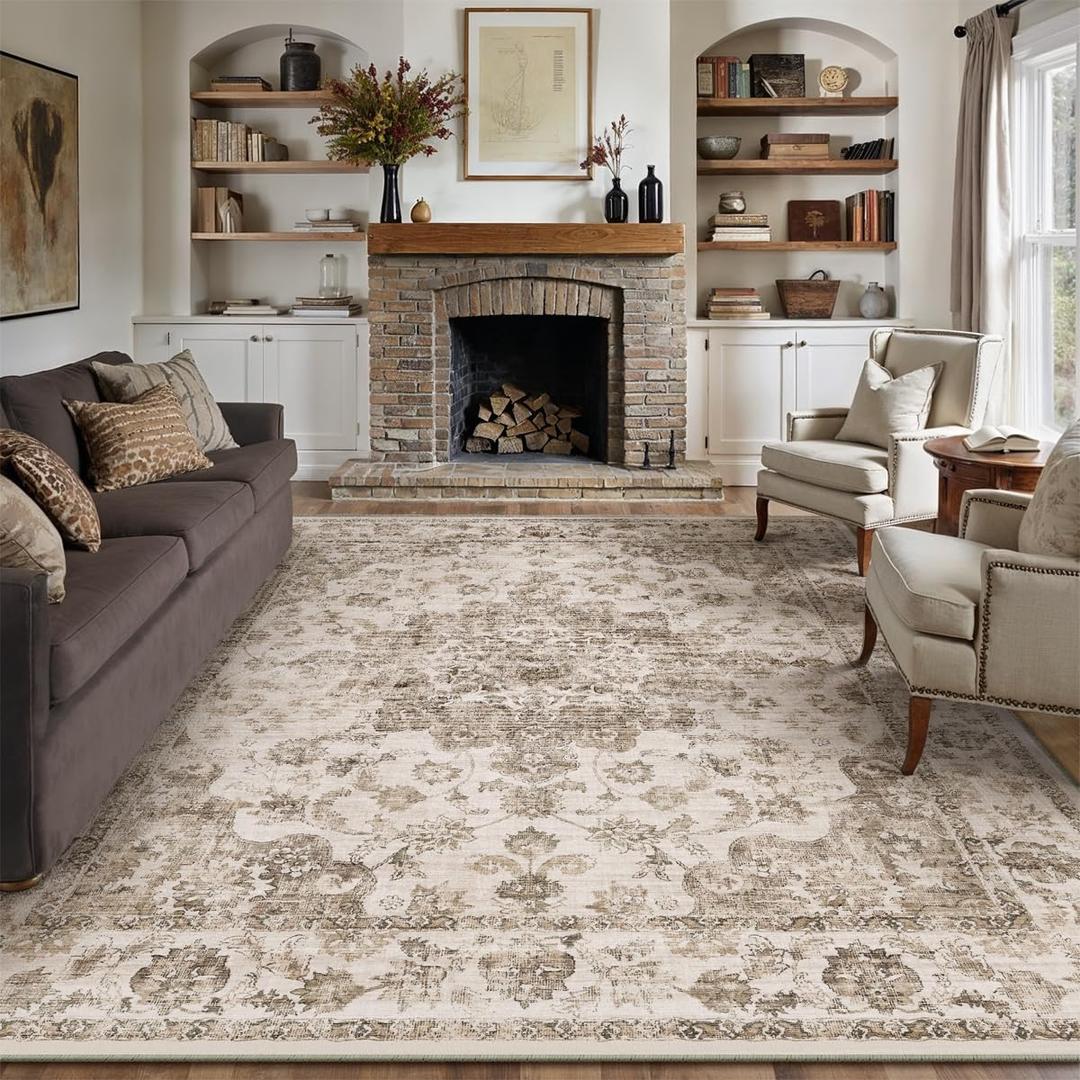 12x15 Neutral Area Rug Brown Vintage Living Room Bedroom Washable Carpet Non-Slip Soft Low Pile Floral Indoor Large Throw Rug for Dining Room Office