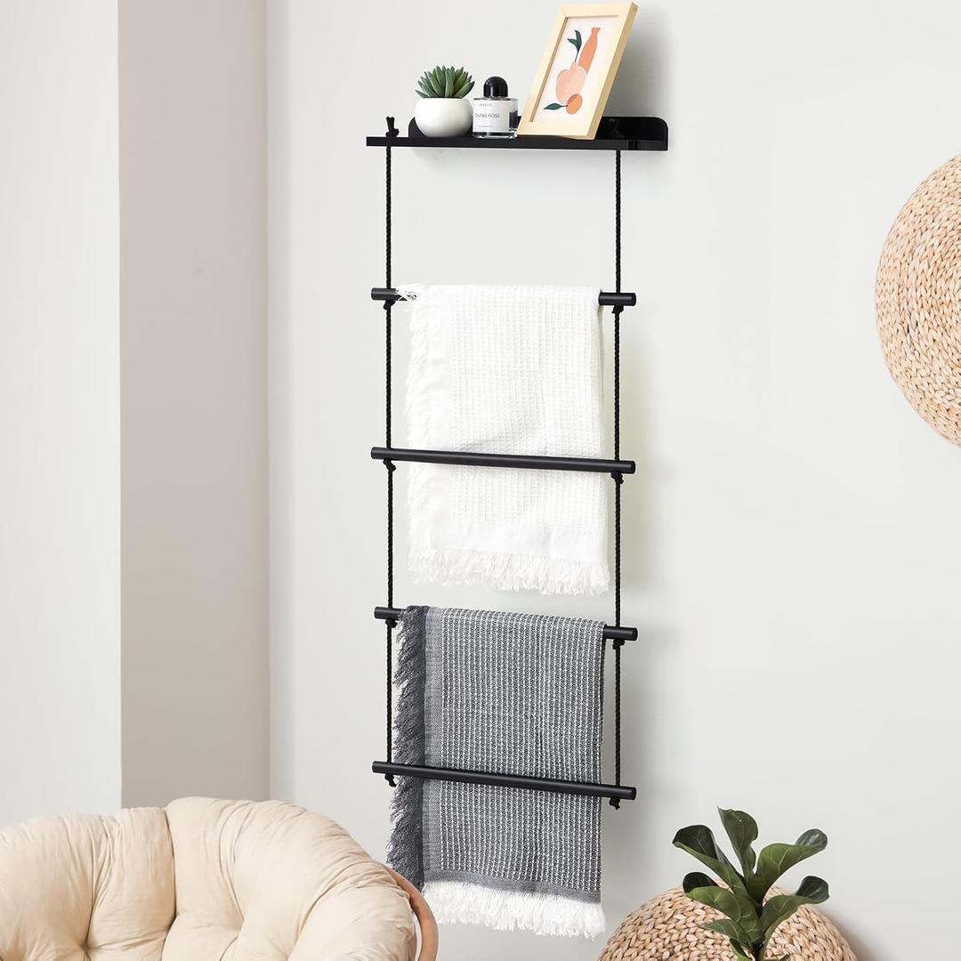 5 Layer Farmhouse Wooden Blanket Ladder 2 in 1 Towel Racks Decorative Rustic Wall Wood Shelf Blanket Holder Quilt Towel Holder Rack for Bathroom Living Room Bedroom(Black)