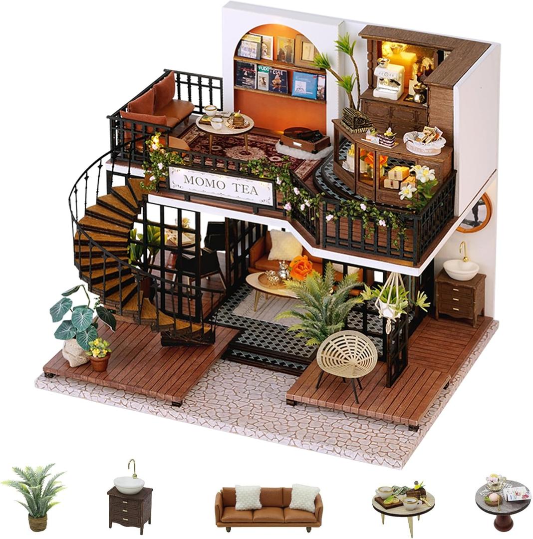 Flever Dollhouse Miniature DIY House Kit Creative Room with Furniture for Romantic Artwork Gift (Forest Teashop)