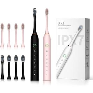SUNPRO 2 Pack Sonic Electric Toothbrush, 6 Brush Modes 42000 VPM, Built in Timer with 8 Heads(Black+Pink)