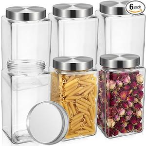 LemonRoad 6 Pack 68 oz Square Glass Jars with Lids Wide Mouth Kitchen
Stainless Steel Lids Airtight Seal, Food Containers for Flour Sugar Coffee Rice Tea Spices Herbs, Clear Pantry Storage