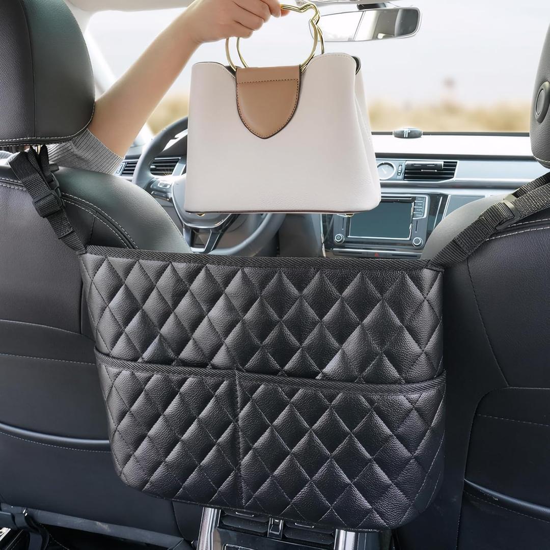 braxan Car Purse Holder Between Seats, Large Capacity Purse Holder for Car, Storage Bag for Backseat Pet Kid Barrier, Universal for SUV, Truck, RV (Black)