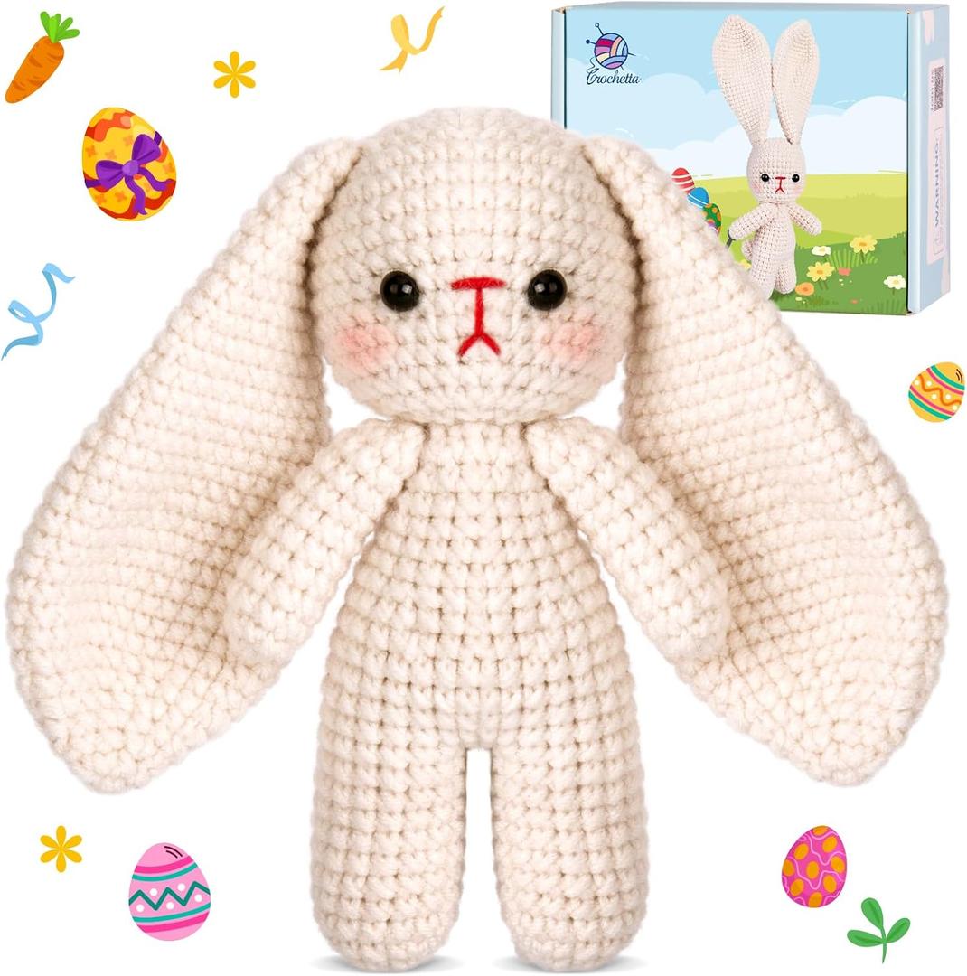 Crochetta Crochet Kit for Beginners, Crochet Starter Kit w Step-by-Step Video Tutorials, Beginner Crochet Kit Knitting Supplies for Adults, Crochet Bunny(40%+ Yarn)