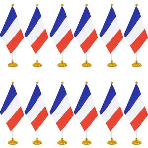 WXTWK Pack of 12 France Flag French Desk Flag Small Mini French Table Flags With Stand Base, Home Office Festival Events Celebration Decorations