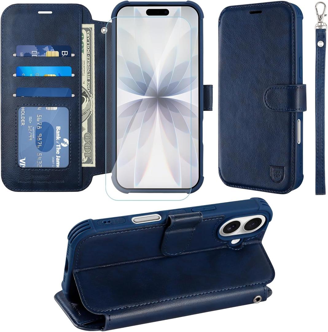 VANAVAGY Wallet Case Compatible for iPhone 17 6.3-inch 2025, Folio Flip Case with Wrist Strap RFID Blocking Card Holder Kickstand, PU Leather Shockproof Phone Cover Screen Protector,Navy Blue