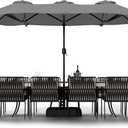 Shintenchi 16FT Large Patio Umbrella with Base, Outdoor Double-Sided Rectangular Umbrella, Market Umbrella with Crank Handle for Poolside Lawn Garden, Gray (Grey)