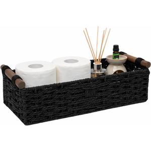 Back of Toilet Basket with Wood Handles, Black Wicker Toilet Paper Basket for Toilet Tank Top, Narrow Toilet Tank Basket, Bathroom Basket Organizer for Wipes & Essentials