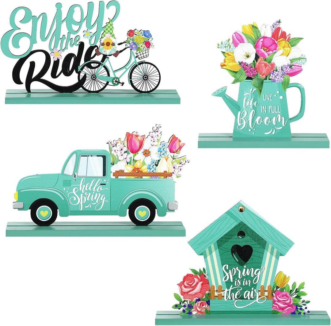 Blulu 4 Pcs Hello Spring Table Decorations Spring Easter Table Centerpieces Hello Sunshine Wooden Signs Decorations for Home Wooden Party Ornament Farmhouse Easter Rustic(Fresh Style)