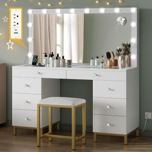 DWVO Vanity Desk with Mirror and Lights, Large Vanity Set with Power Outlet, Makeup Table with 8 Drawers, Dimmable 3 Lighting Colors, Makeup Desk for Bedroom and Dressing Room, White