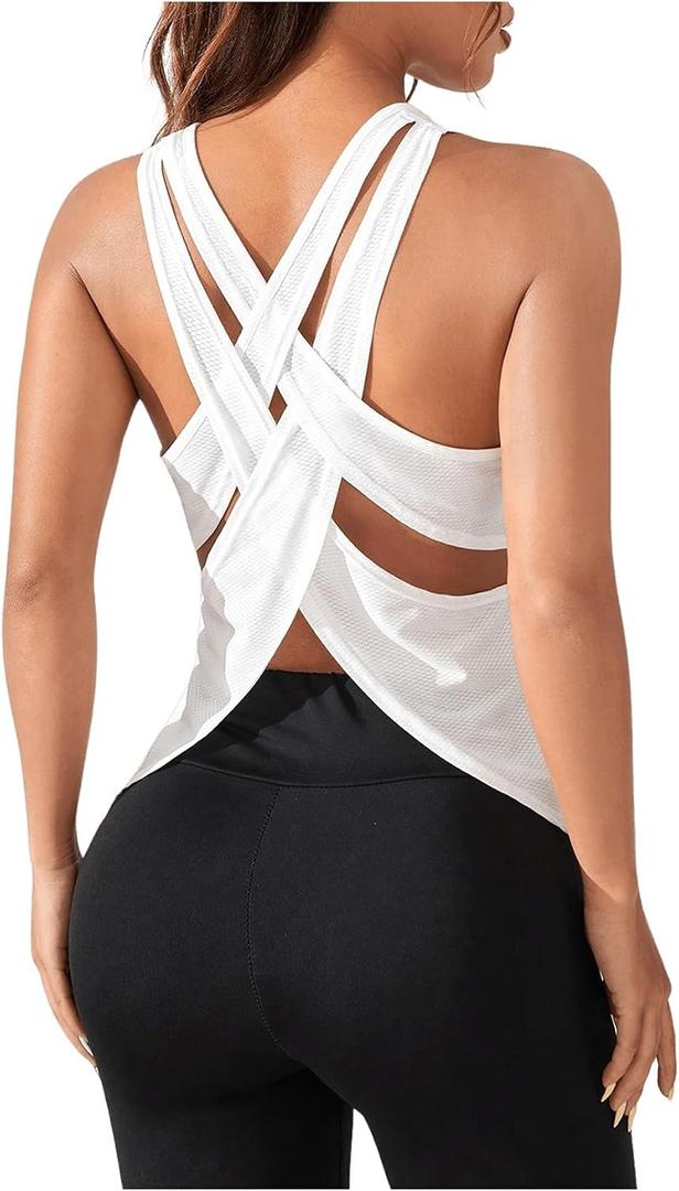 OYOANGLE Women's Open Back Workout Tops Racerback Athletic Loose Shirts Yoga Gym Clothes Sleeveless Running Tank Tops White Small