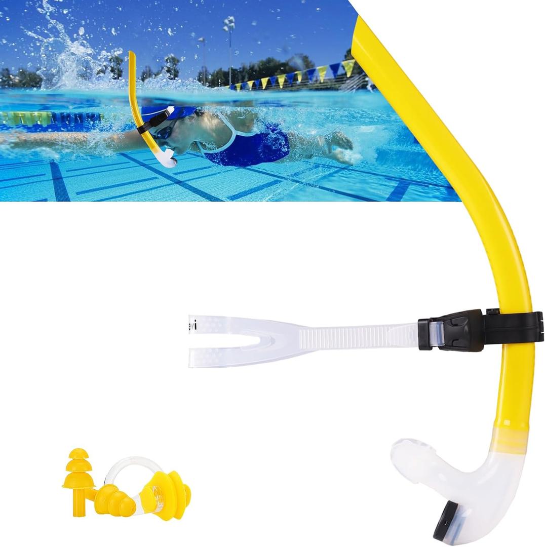Swim Snorkel for Lap SwimmingNo Loud gurgling Noise No Hurt Forehead No Slip Swimming Snorkeling Training for Adult/Youth,Swimmer Snorkle Center Mount Snorkel One-Way Purge Valve (C3-3rd generation-yellow)