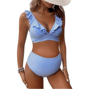 MakeMeChic Women's Maternity Swimsuit Two Piece Bikini Sets Ruffle V Neck High Waist Pregnancy Swimwear Blue and White Large