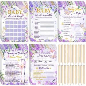 Nuanchu 145 Pcs Butterfly Theme Baby Shower Games 25 Sheets Each with 20 Pencils, Baby Shower Bingo, Guess Who, Word Scramble, Descriptions and Wishes Games for Party Decoration