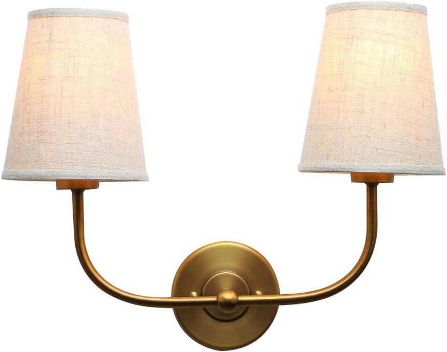PERMO Vintage Double Sconce Antique 2-Lights with Flared Funnel Linen Beige Fabric Shade, Double Wall Sconce, Hardwired, E26 Base