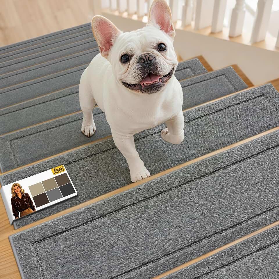 JSEI Stair Treads for Wooden Steps Indoor, 12 Pack, 30" x 8", Light Grey | Non Slip Stair Treads, Washable Polyester Stair Mats with TPE Backing, Low Profile Stair Rugs for Kids, Seniors and Dogs OEKO-TEX STANDARD 100