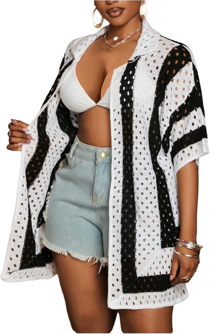 Floerns Women's Plus Size Hollow Out Lightweight Cardigan 3/4 Sleeve Knit Open Front Striped Sweaters (Black, XL)