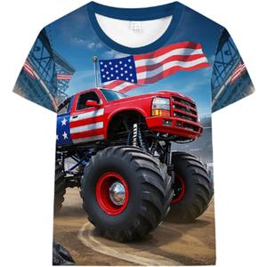Boys 4th of July Shirt American Flag Tshirt for Kids USA Flag Outfits Toddler Patriotic Tee Monster Truck Top T-Shirt 3-10T