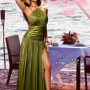 Kaei&Shi Metallic Pleated Dress,Halter Formal Cocktail Dresses with Slit,Sparkly Long Evening Gowns for Women (Green, XS)