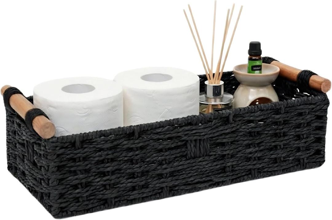 Back of Toilet Basket with Wood Handles, Black Wicker Toilet Paper Basket for Toilet Tank Top, Narrow Toilet Tank Basket, Bathroom Basket Organizer for Wipes & Essentials
