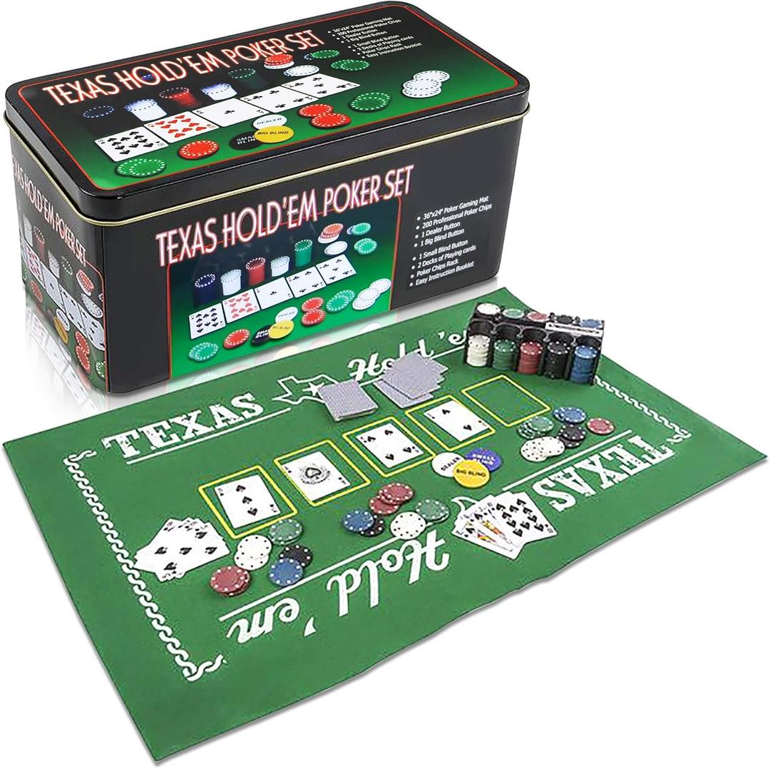 Gamie Texas Holdem Poker Game Set - Includes Holdem Mat, 2 Card Decks, Chips, Chip Holder and Tin Storage Box - Fun Game Night Supplies - Cool Casino Gift for Kids & Adults