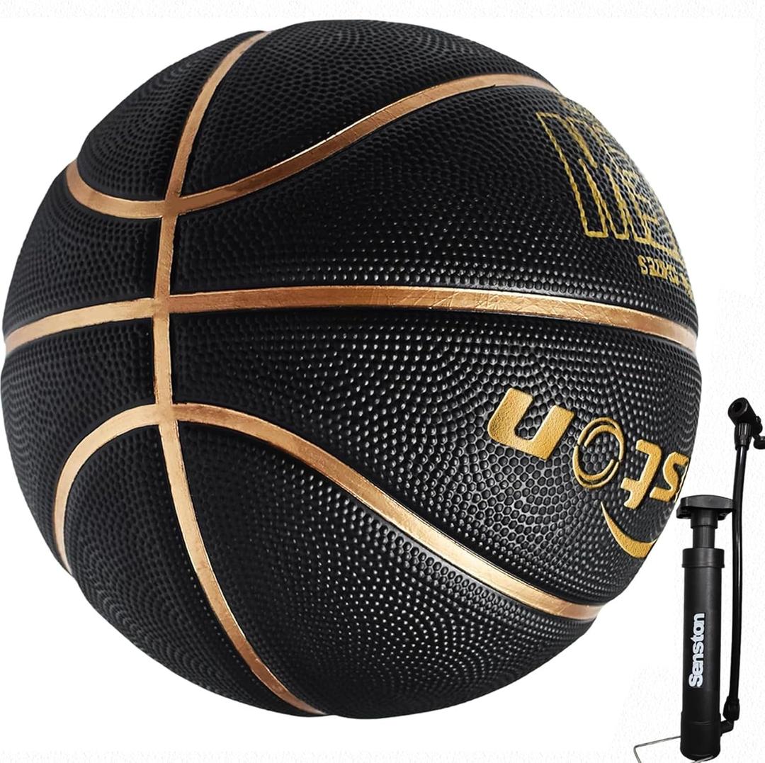Senston 27.5''/29.5'' Outdoor Basketball Excellent Elasticity/Grip Rubber Basketballs with Pump, Durable Size 5/7 Men Basketball (Black/Gold)