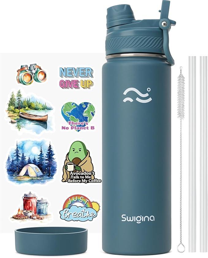 Swigina Insulated Water Bottle with Silicone Boot (36hrs Cold/18hrs Hot) - Leakproof, BPA Free, 24 oz [2-IN-1 LID]