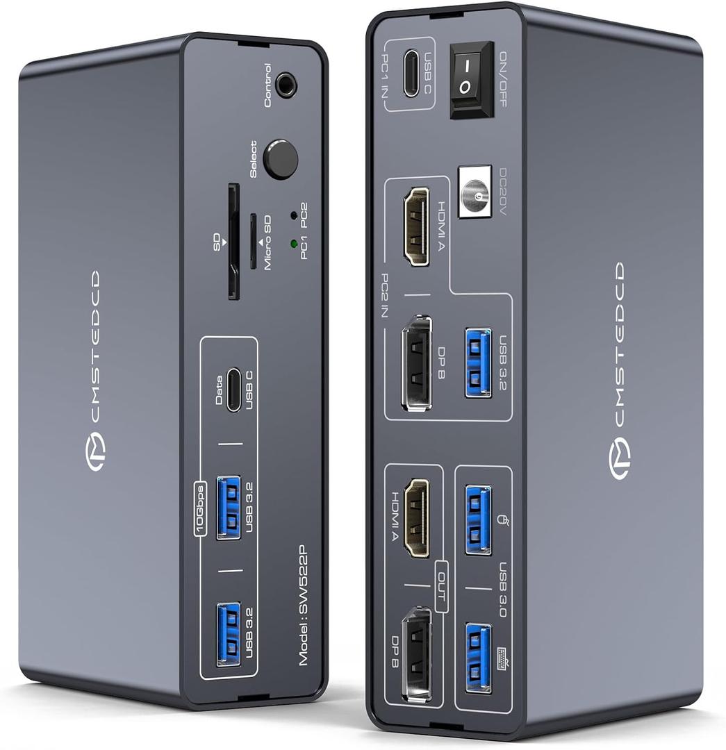 KVM Switch 2 Monitors 2 Computers Docking Station USB C + HDMI/DP Input with 100W PD, 4K60Hz/4K120Hz Display port HDMI Dual Monitor for Laptop and Desktop Share 13-in-1 Dock Aluminum Case Plug and Play (Grey)