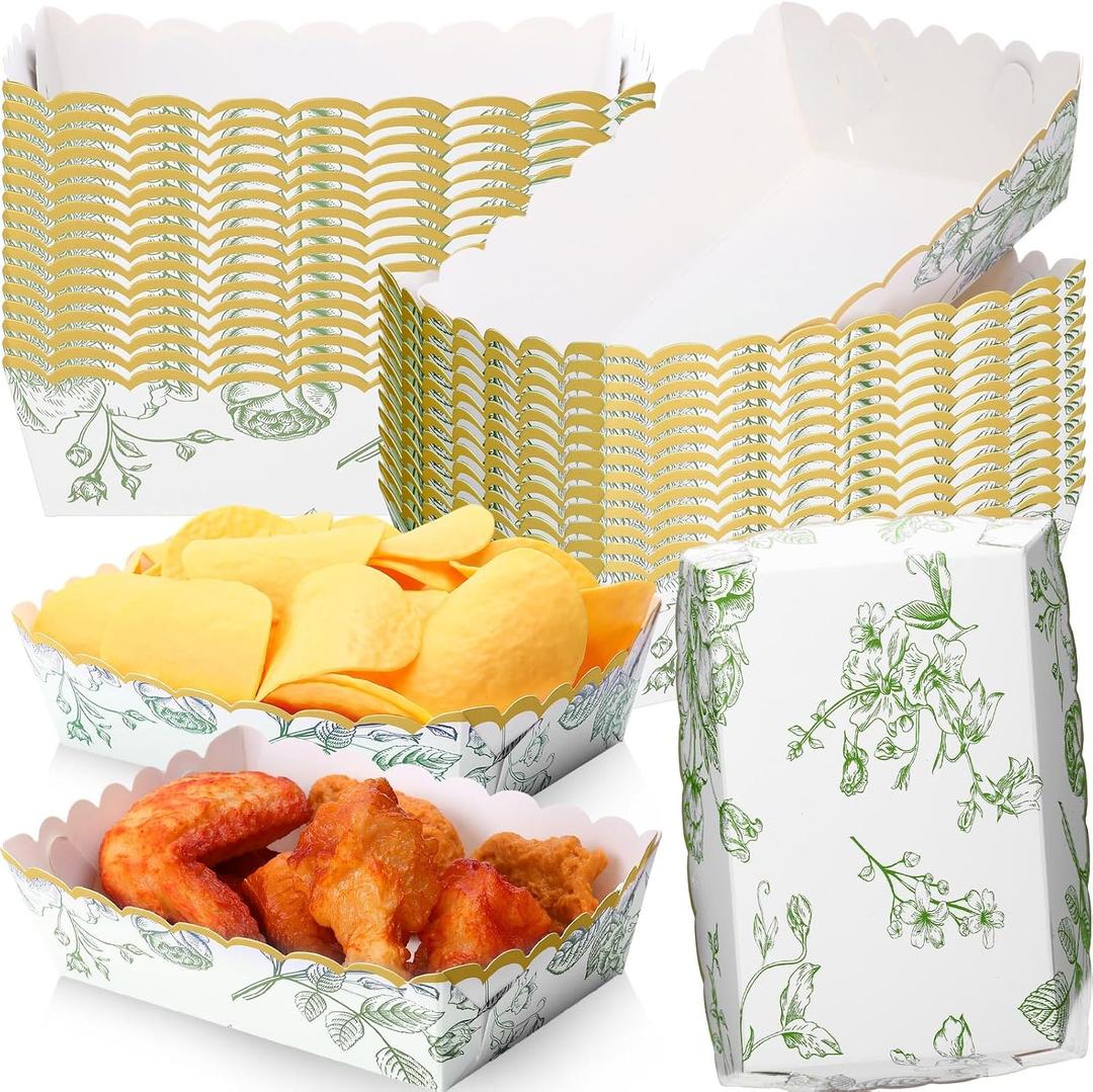 Havawish 48 Pack Sage Green Floral Plates Paper Food Trays Scalloped Disposable Food Boat Nachos Snack Hot Dog Taco Serving Trays for Birthday Bridal Shower Wedding Tea Party Decoration Supplies