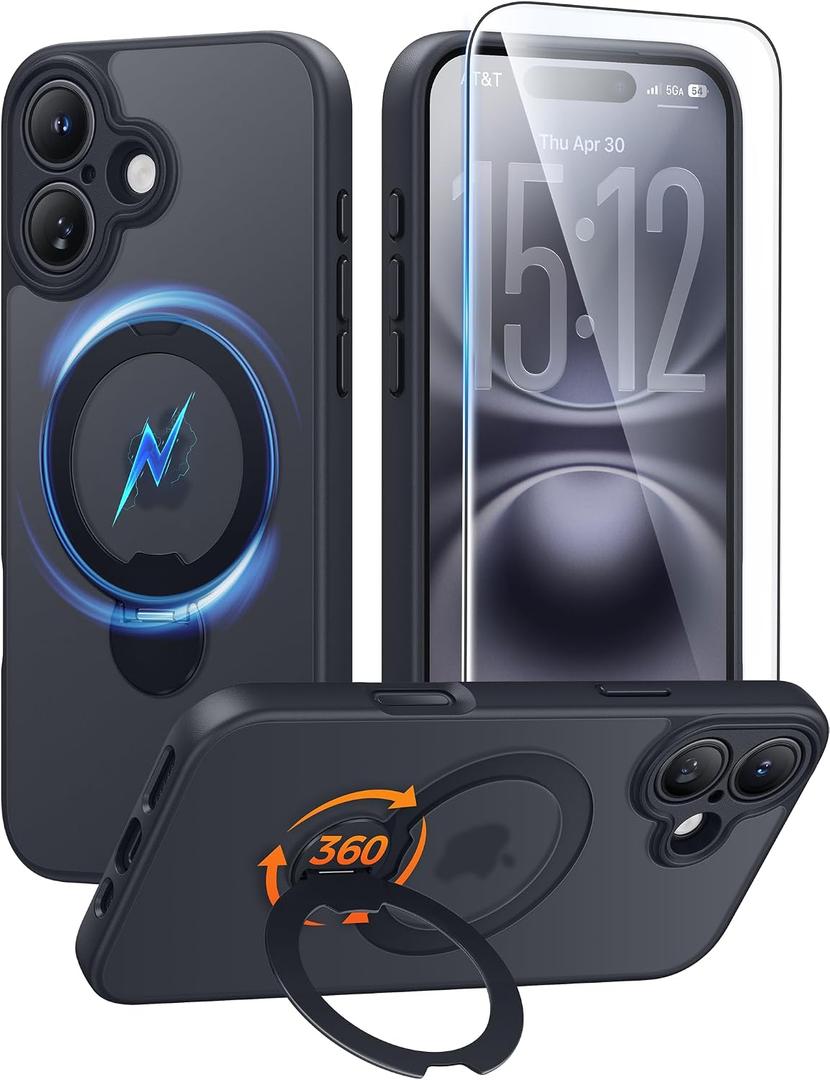 FNTCASE for iPhone 16 Case: [360 Spin Magnetic Stand] [Compatible with Magsafe] [Screen Protector] Translucent Matte Military Grade Shockproof Full Camera Protective Phone Cover - Black
