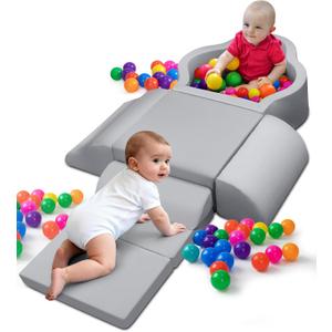 Soft Play Set, Baby Foam Climbing Blocks with Anti-Slip Particles Bottom & Velcro Connectors for Toddlers 6-12 Months, High-Density Foam & Washable Cover for Motor Skills Development (Grey)