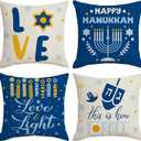 Hanukkah Throw Pillow Covers 18x18 inch Set of 4, Menorah Dreidel Star of David Decorative Pillow Cases for Couch Sofa