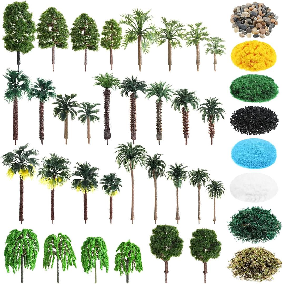 Thiccywoov 40 Pcs Diorama Supplies Kit Include 32 Miniature Trees 1.2-6.2 Inch Mini Mixed Model Plastic Fake Architecture 8 Bags Scenery Basing Material Kit for DIY Craft(Tropical Trees)