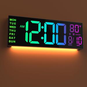 JALL 16" Large Digital Wall Mount Clock, Count Down Timer with Remote, Alarm, Big LED, 8 RGB Color, DST, Temperature for Living Room Classroom Desk, Xmas, Birthday Gift for Senior Men Women Mom Dad (Black)