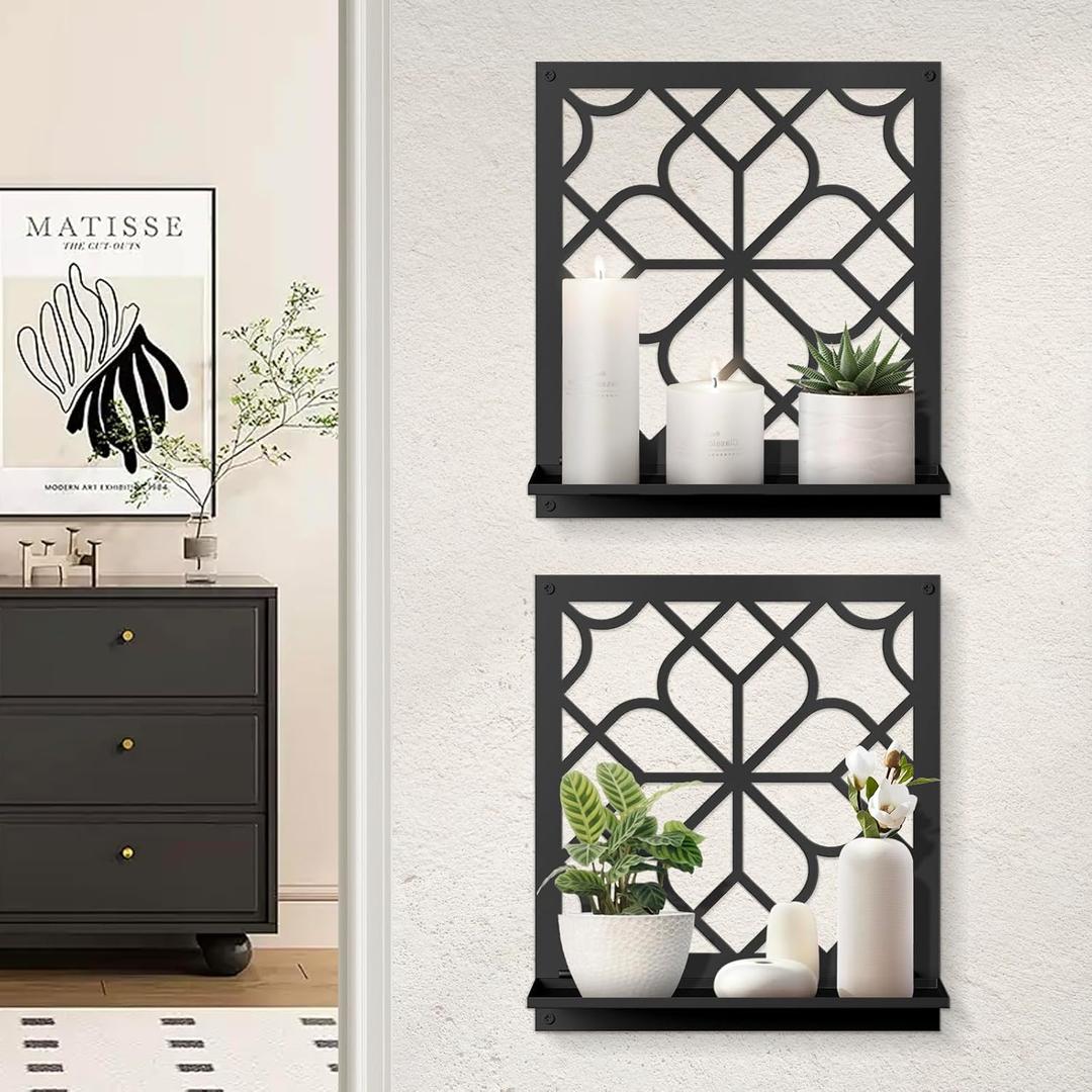Black Metal Wall Candle Holder Set of 2, Minimalist Rustic Aesthetics Wall Art Decor for Living Room Bedroom Bathroom (11.8 x 13 in)