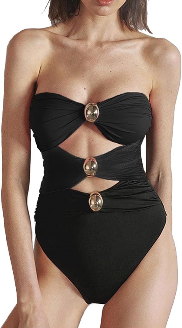 SherryDC Women's Cutout One Piece Swimsuit Bandeau Ruched Color Block High Waisted Bathing Suit with Removable Straps (X-Large, 127-black)