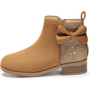 Coutgo Girls Bow Glitter Ankle Boots Side Zipper Low Heel Short Booties Dress Shoes (Brown) Size 12