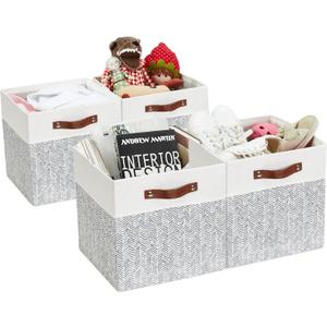 Set of 4 Cotton Rope Basket 13 X 13 X 13 Inches, Woven Storage Baskets for Shelves, Organizing with Handles, Cube Storage Bins for Storage Books, Magazines