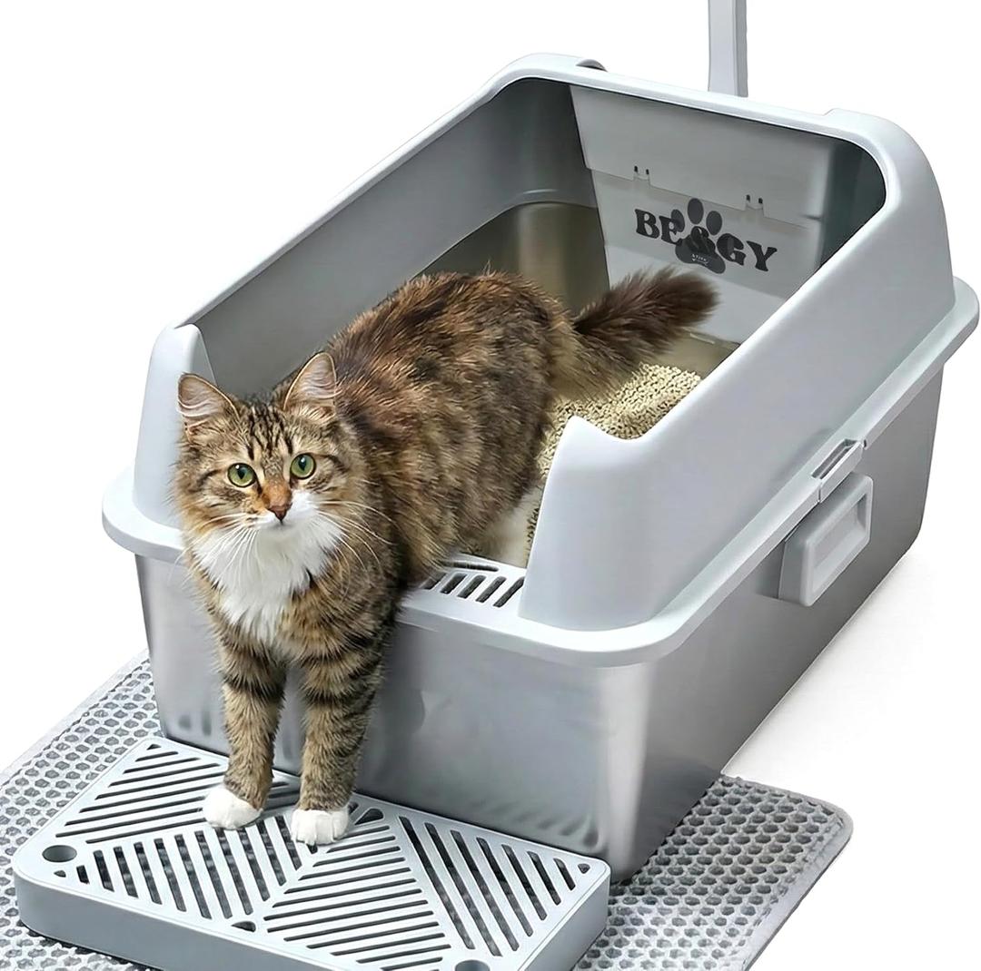 Stainless Steel Litter Box XL, Extra Large High Sided Litter Box with Handles for Big Cats, Anti-Urine Leakage Metal Cat Litter Box, Easy-Clean, Non-Stick, Includes Scoop and Mat