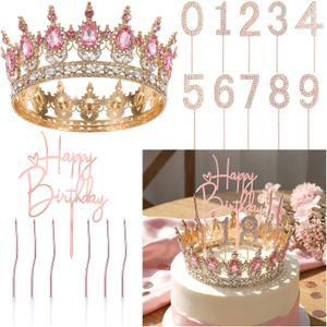 Quelay 13 Pcs Happy Birthday Cake Topper Decorations Set Queen Crown Rhinestone Princess Tiara Cake Topper Numbers Candles 0-9 Happy Birthday Decor for Women Wedding Anniversary Party Supplies(Pink)