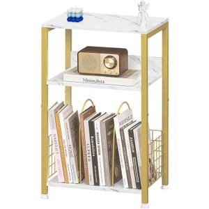 LELELINKY Side Table,White Marble Night Stand with Golden Metal Frame,3 Tier Industrial Wooden Record Player Stand with Vinyl Storage Shelf ,End Tables for Living Room Bedroom Small Spaces (Medium)