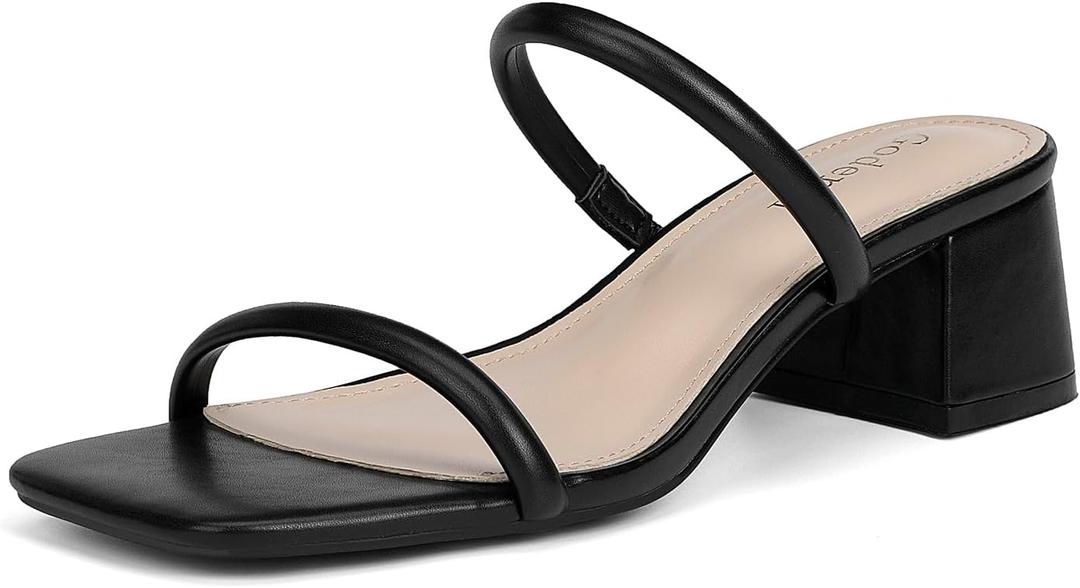 Women's Chunky Block Low Heeled Sandals Two Strap Square Open Toe Slip On Mule Heels (8.5, Black)