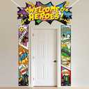 Hero Party Decorations Door Banner Welcome Heroes Porch Sign Archway, Comic Book Pop Art Theme Photography Backdrop Super City Door Banner for Kids Birthday, Classroom, Bedroom Decor, Baby Shower